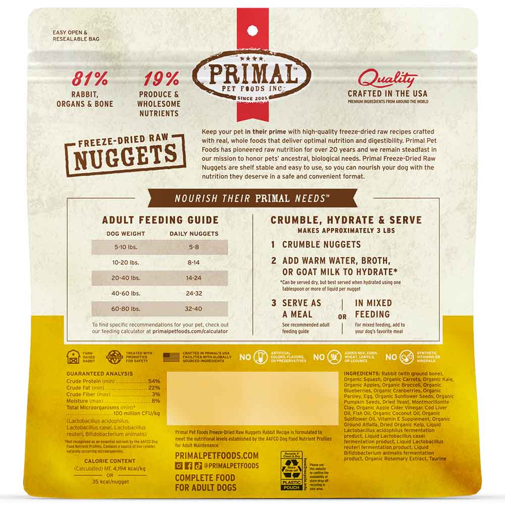 Primal Rabbit Freeze-Dried Raw Nuggets Dog Food 14oz - Kohepets