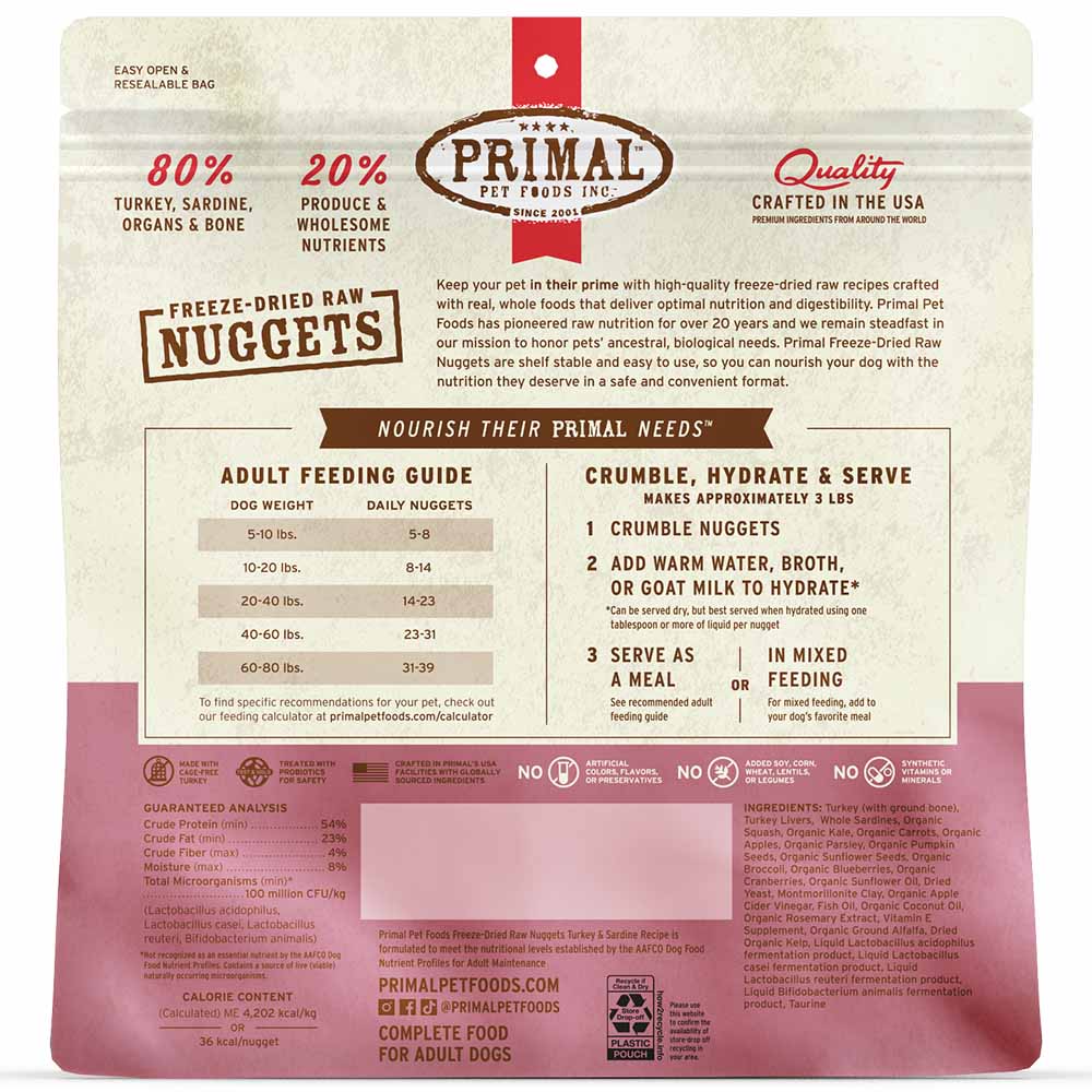 Primal Turkey & Sardine Freeze-Dried Raw Nuggets Dog Food 14oz - Kohepets