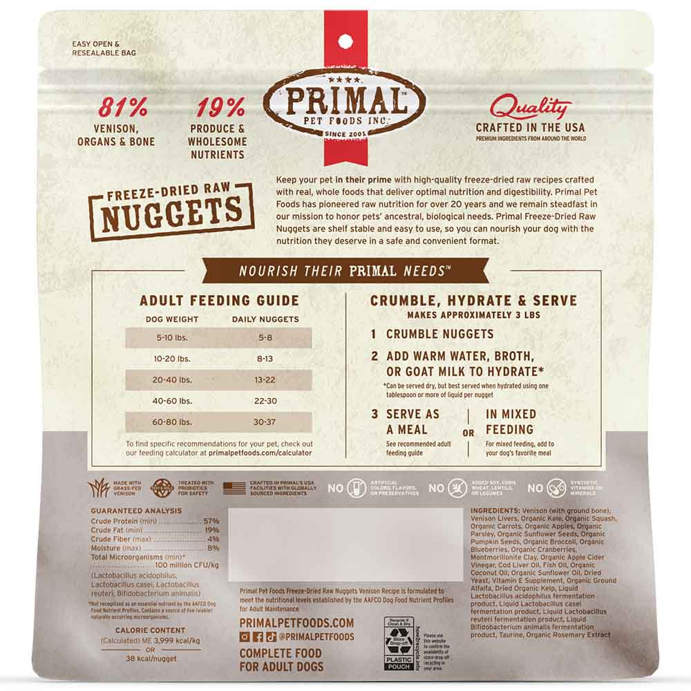 Primal Venison Freeze-Dried Raw Nuggets Dog Food 14oz - Kohepets