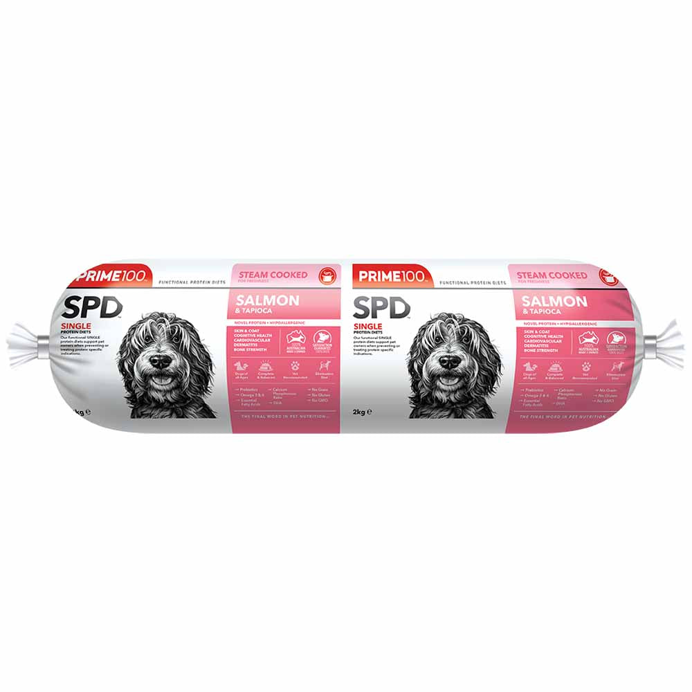 80% OFF: Prime100 SPD Salmon & Tapioca Grain Free Cooked Chilled Roll Dog Food 2kg (Exp 02Jan26)