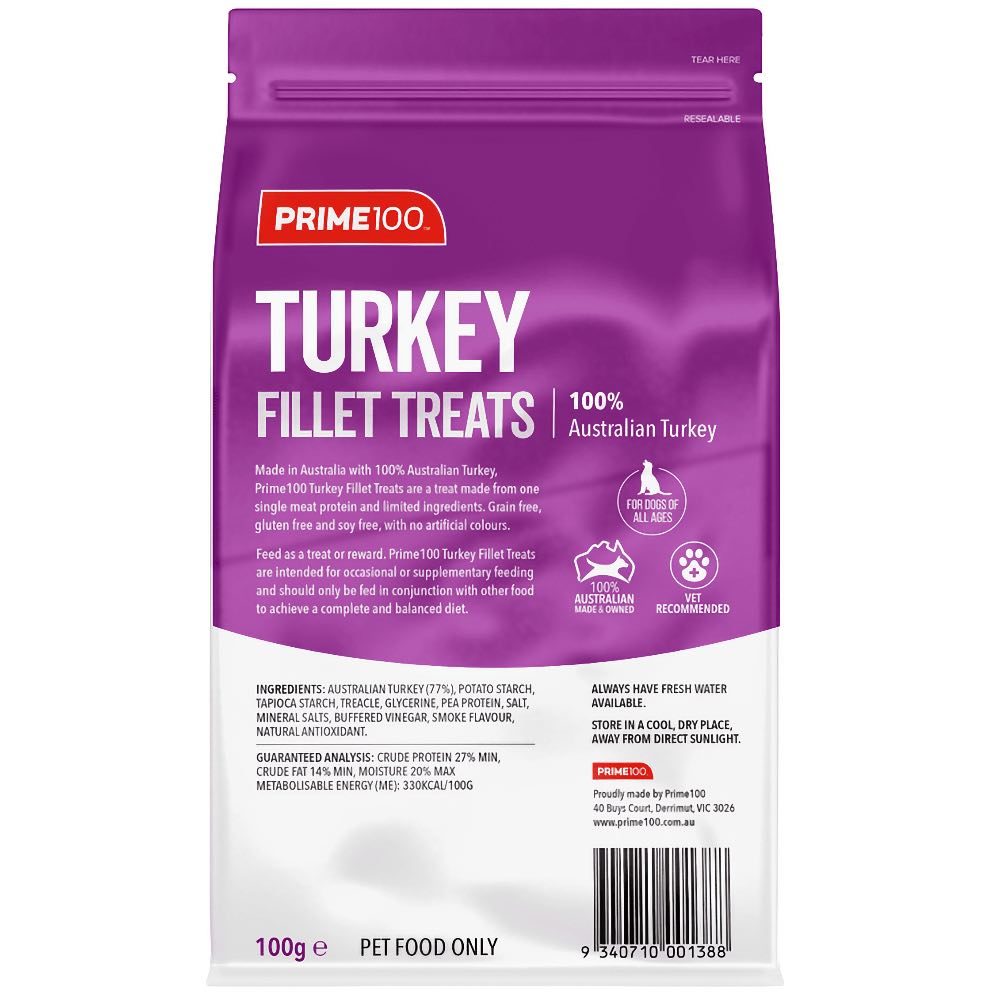 Prime100 Single Protein Turkey Fillets Air Dried Dog Treats 100g