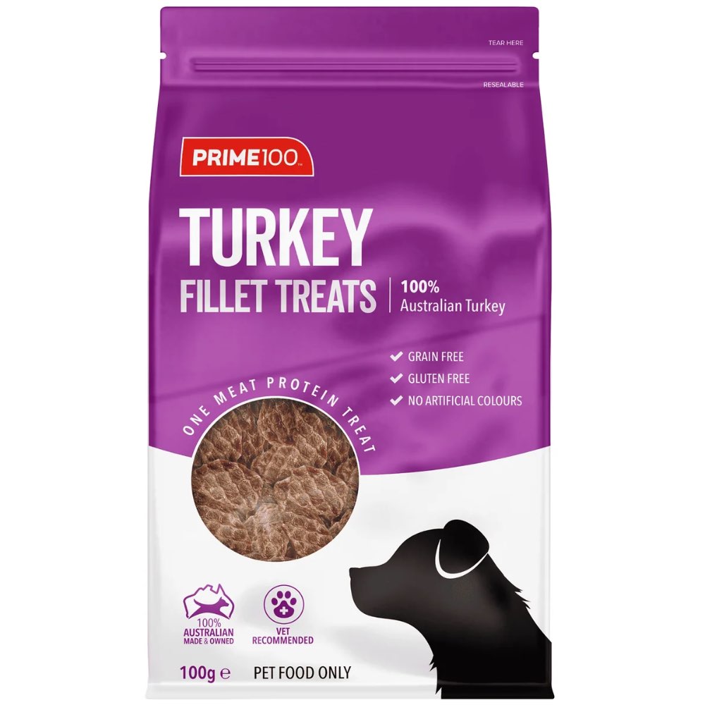 Prime100 Single Protein Turkey Fillets Air Dried Dog Treats 100g