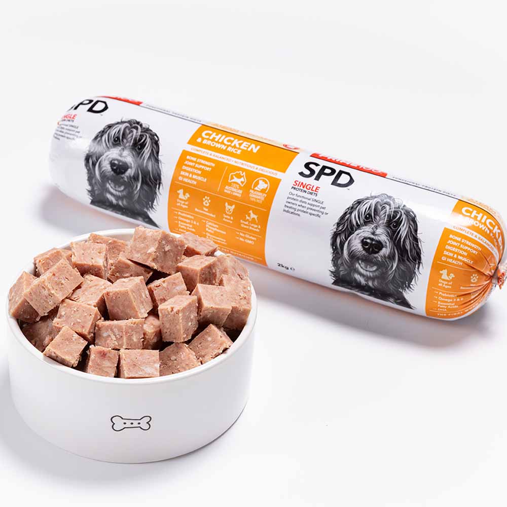 Prime100 SPD Chicken & Brown Rice Cooked Chilled Roll Dog Food 2kg (Exp 05July26)