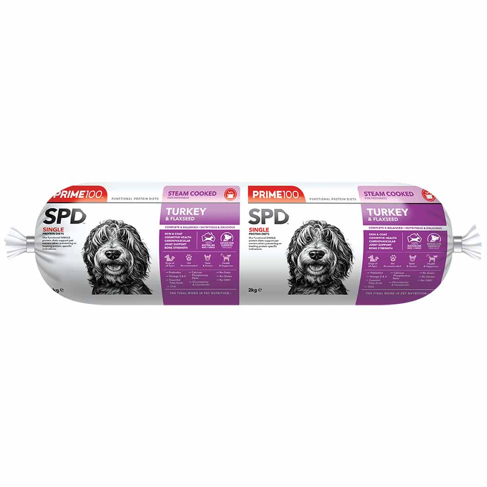 Prime100 SPD Turkey & Flaxseed Grain Free Cooked Chilled Roll Dog Food 2kg (Exp 27Jan26)