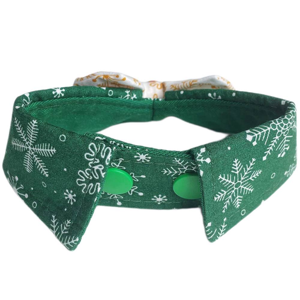 RuffCo Handcrafted Bowtie Button Collar For Cats & Dogs (Green Snowflake) - Kohepets