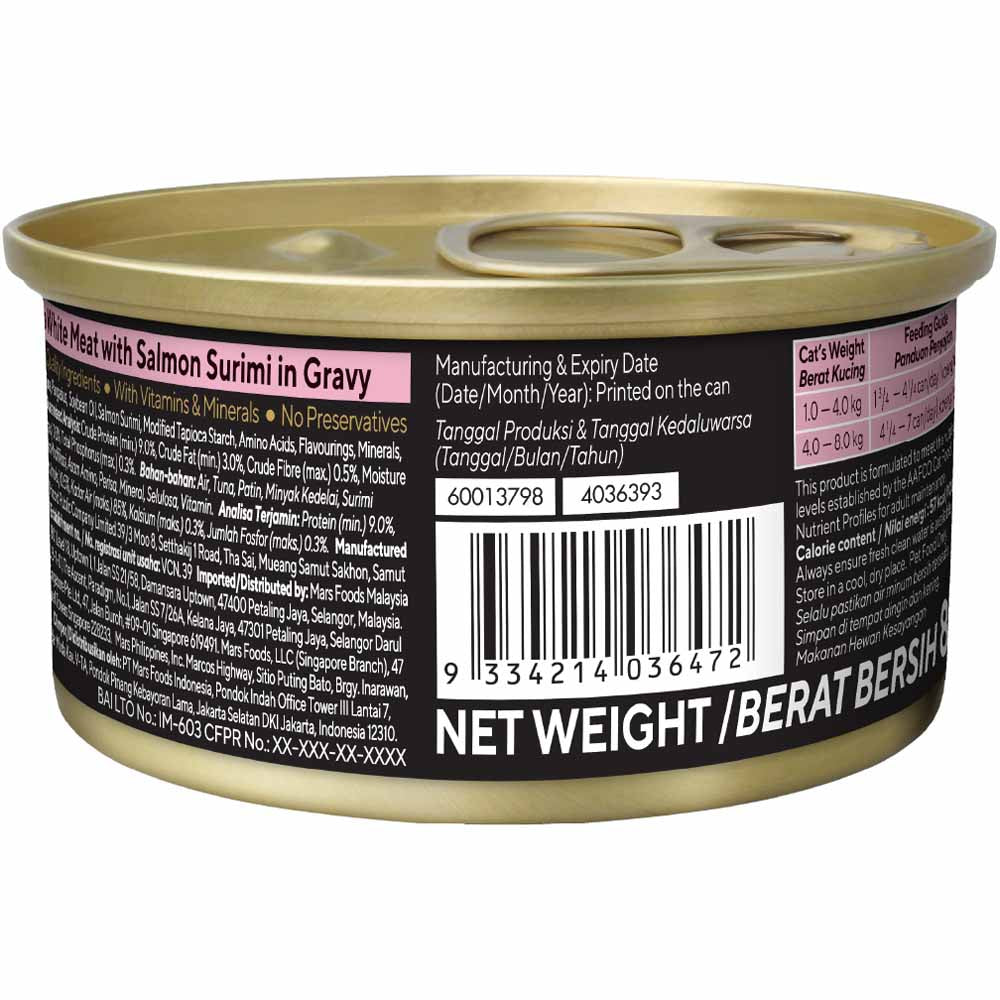 Sheba Tuna White Meat with Salmon Surimi In Gravy Adult Canned Cat Food 85g x 24