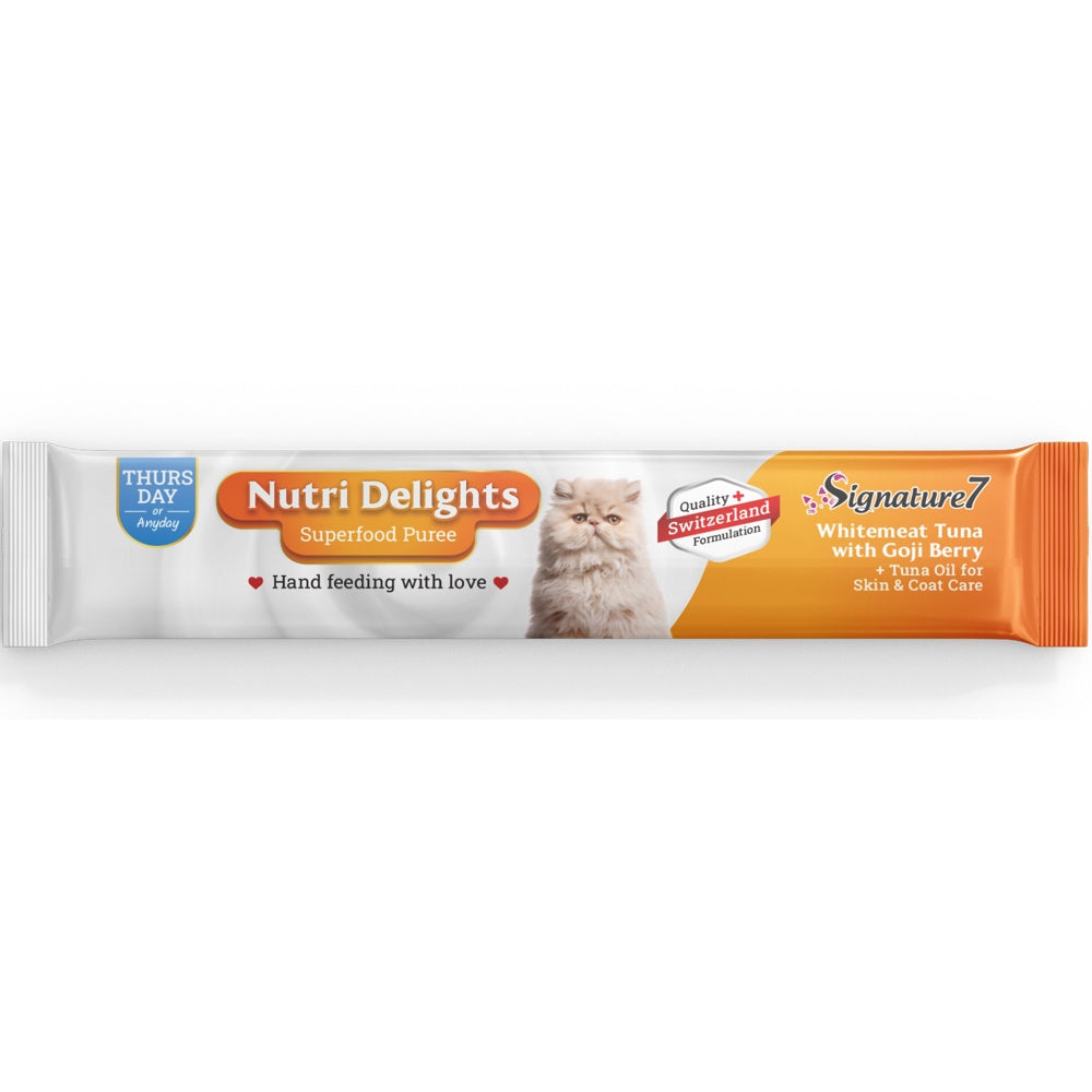 Signature7 Nutri Delights Superfood Whitemeat Tuna With Goji Berry & Tuna Oil (Thurs) Puree Cat Treats 60g