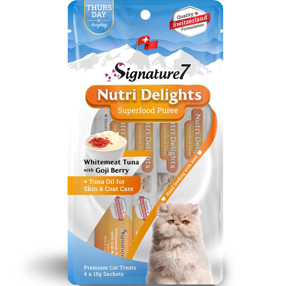 Signature7 Nutri Delights Superfood Whitemeat Tuna With Goji Berry & Tuna Oil (Thurs) Puree Cat Treats 60g