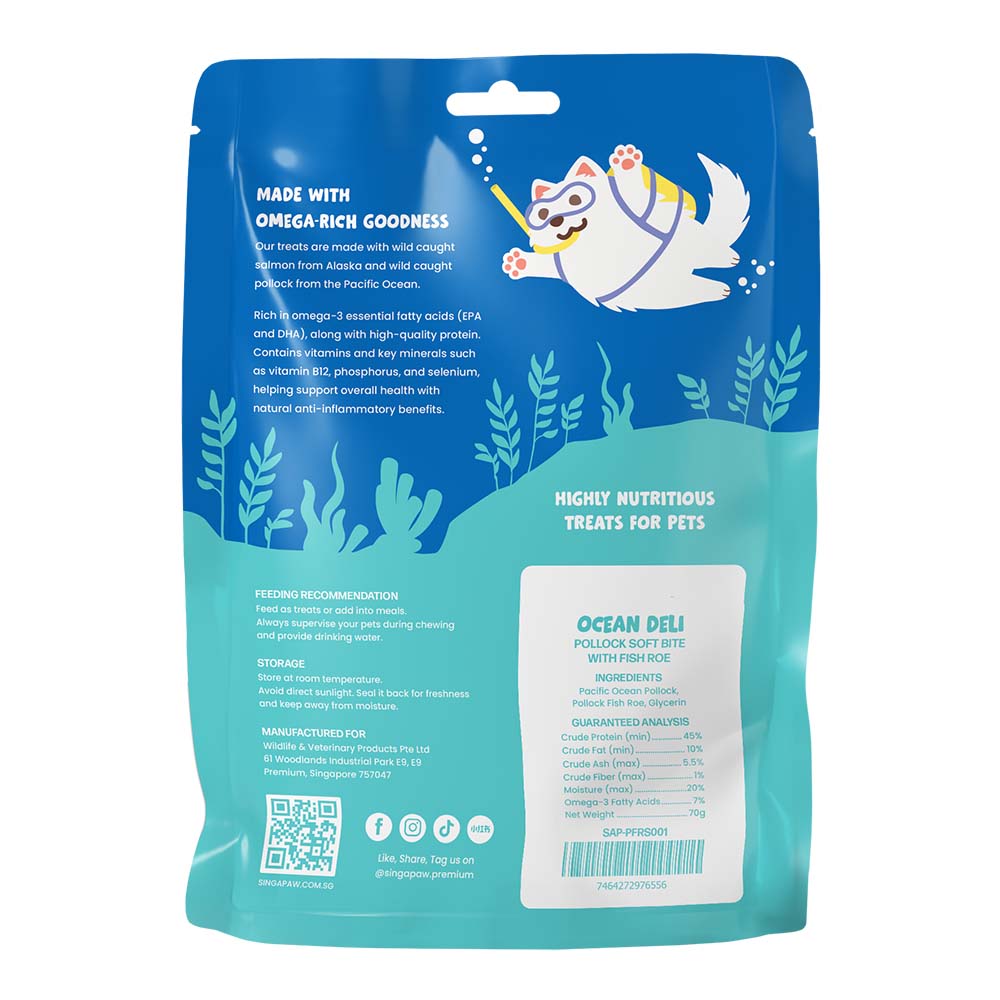 Singapaw Ocean Deli Pollock With Fish Roe Soft Bite Air-Dried Treats For Cats & Dogs 70g