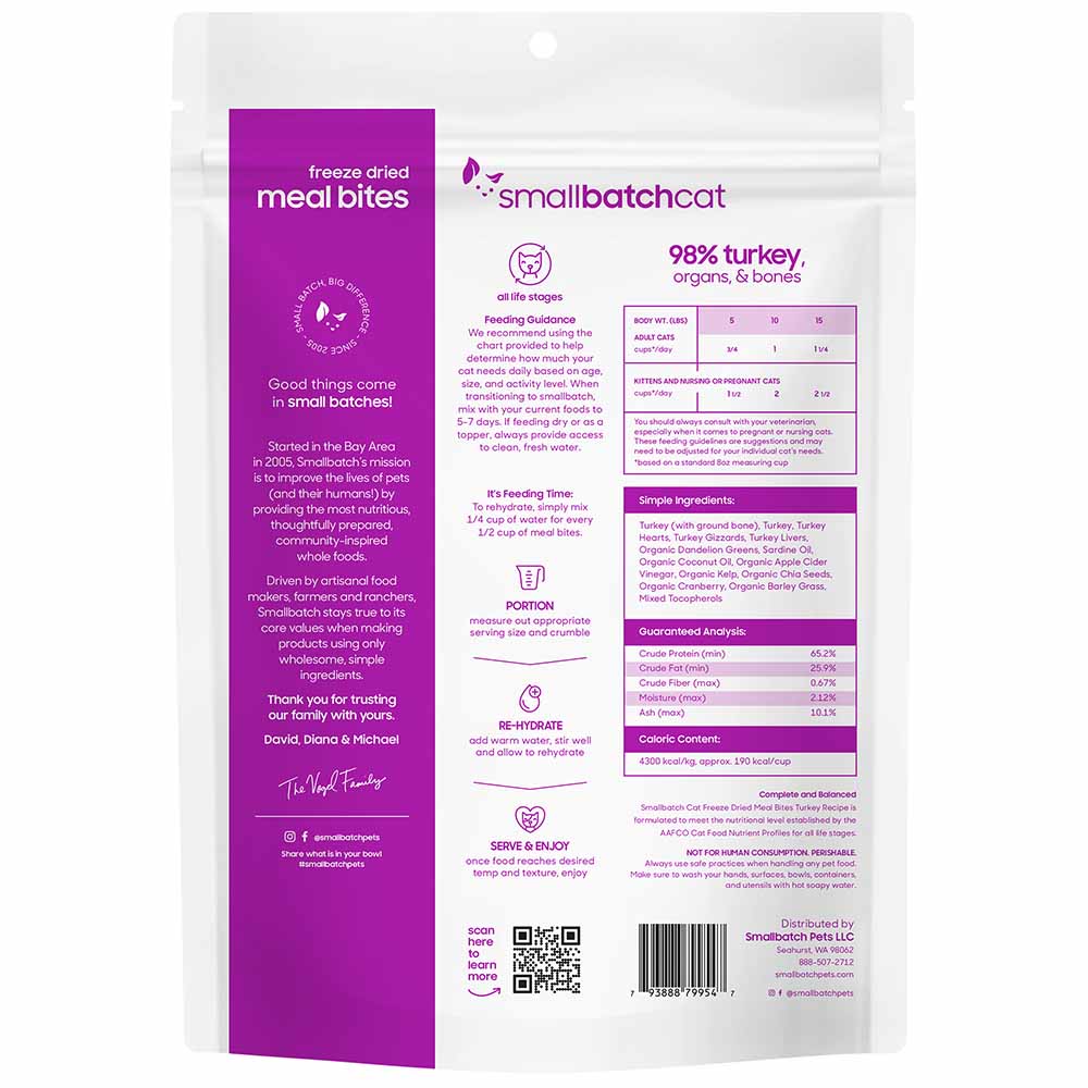 Smallbatch Turkey Meal Bites Complete & Balanced Freeze Dried Cat Food 10oz - Kohepets