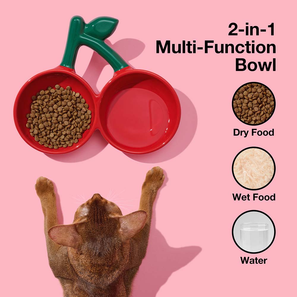 VETRESKA Cherry Ceramic Dual Bowl For Cats & Dogs - Kohepets