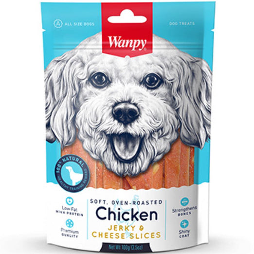 4 FOR $14: Wanpy Oven-Roasted Chicken Jerky & Cheese Slices Dog Treats 100g
