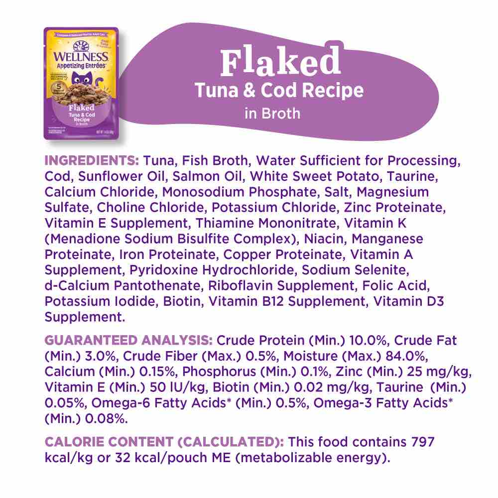 $1 OFF: Wellness Appetizing Entrees Flaked Tuna & Cod Adult Pouch Cat Food 1.4oz