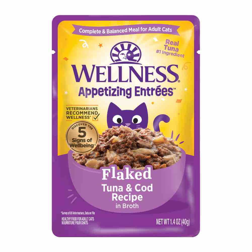 $1 OFF: Wellness Appetizing Entrees Flaked Tuna & Cod Adult Pouch Cat Food 1.4oz