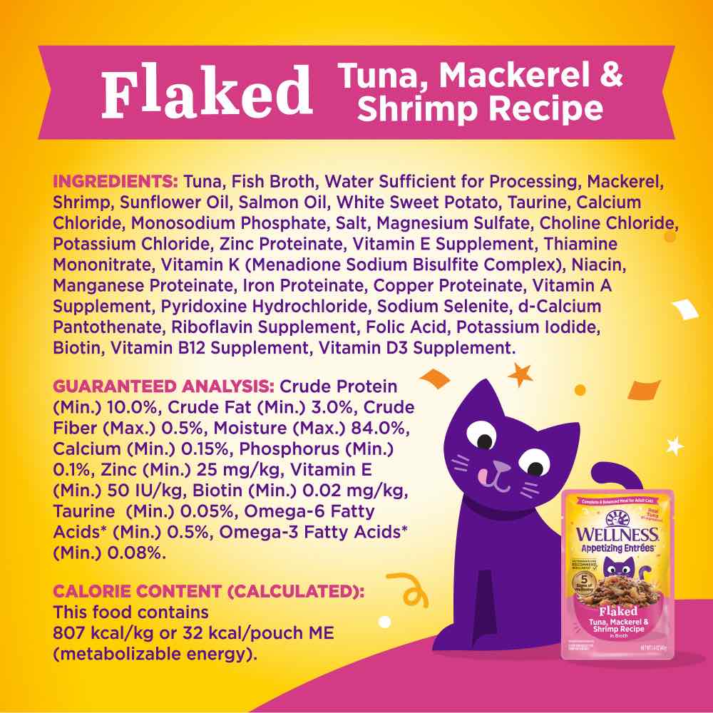 $1 OFF: Wellness Appetizing Entrees Flaked Tuna, Mackerel & Shrimp Adult Pouch Cat Food 1.4oz