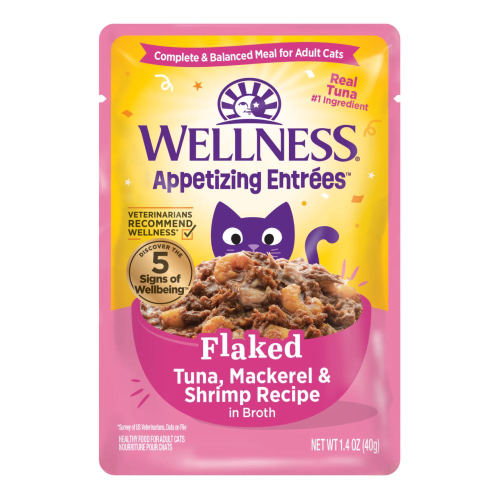 $1 OFF: Wellness Appetizing Entrees Flaked Tuna, Mackerel & Shrimp Adult Pouch Cat Food 1.4oz