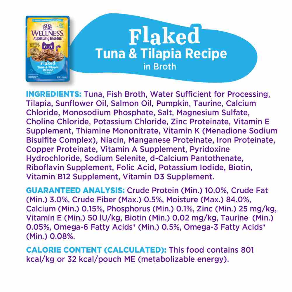 $1 OFF: Wellness Appetizing Entrees Flaked Tuna & Tilapia Adult Pouch Cat Food 1.4oz