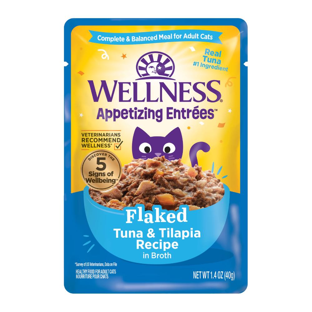 $1 OFF: Wellness Appetizing Entrees Flaked Tuna & Tilapia Adult Pouch Cat Food 1.4oz