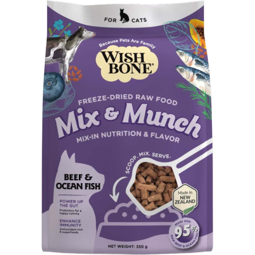 Wishbone Mix & Munch Beef & Ocean Fish Grain-Free Freeze-Dried Raw Food Cat Food Topper 350g