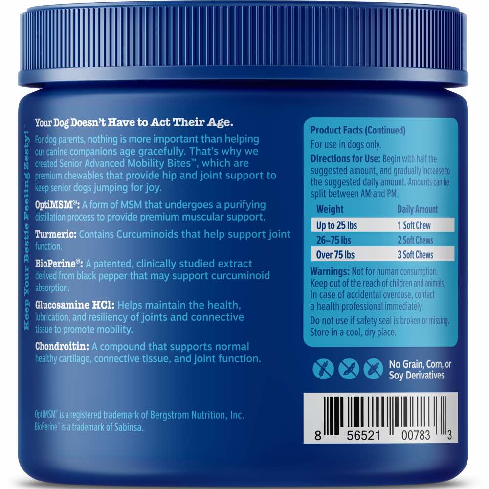 Zesty Paws Senior Advanced Mobility Bites Chicken Flavor Dog Supplement Chews 90ct