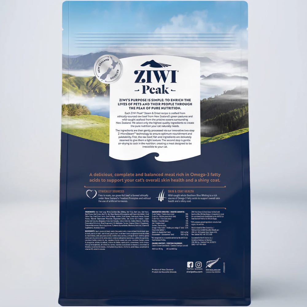 20% OFF: Ziwi Peak Grass Fed Beef Southern Blue Whiting Recipe Steam & Dried Cat Food