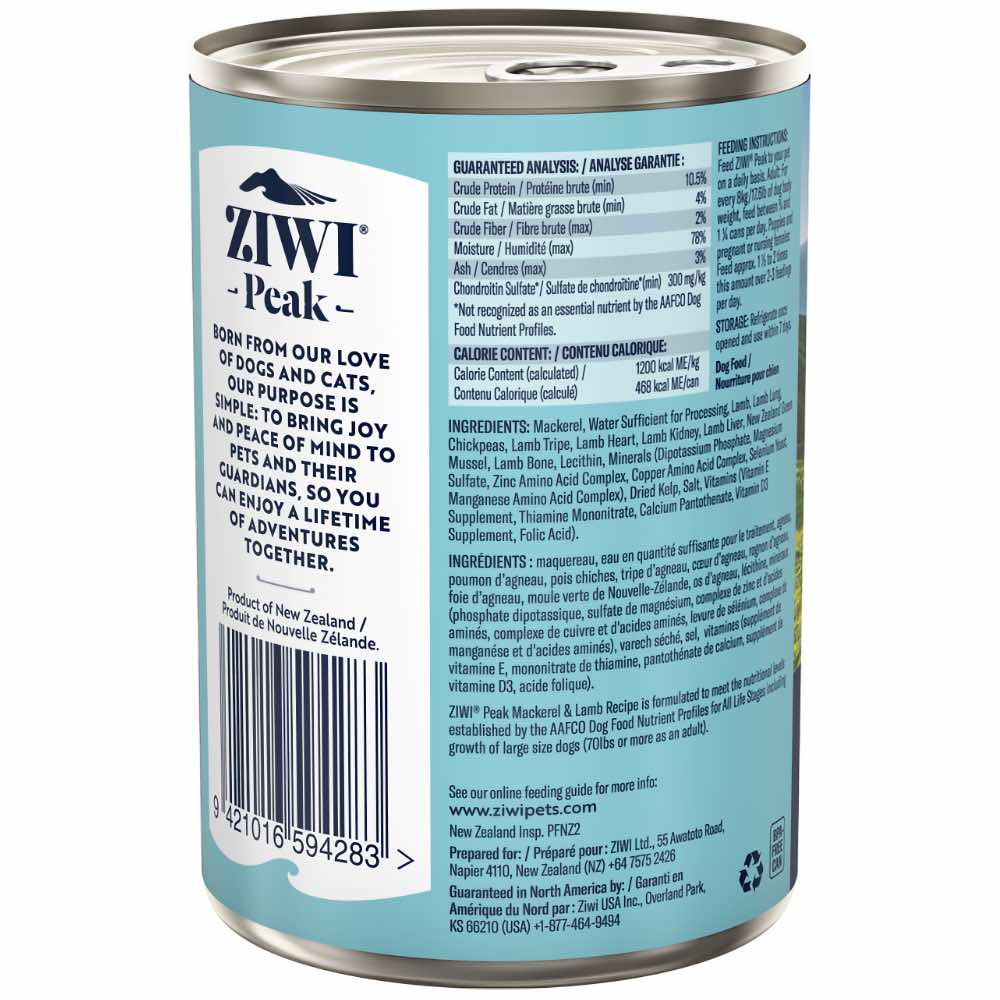 20% OFF: Ziwi Peak New Zealand Mackerel & Lamb Grain-Free Canned Dog Food 390g