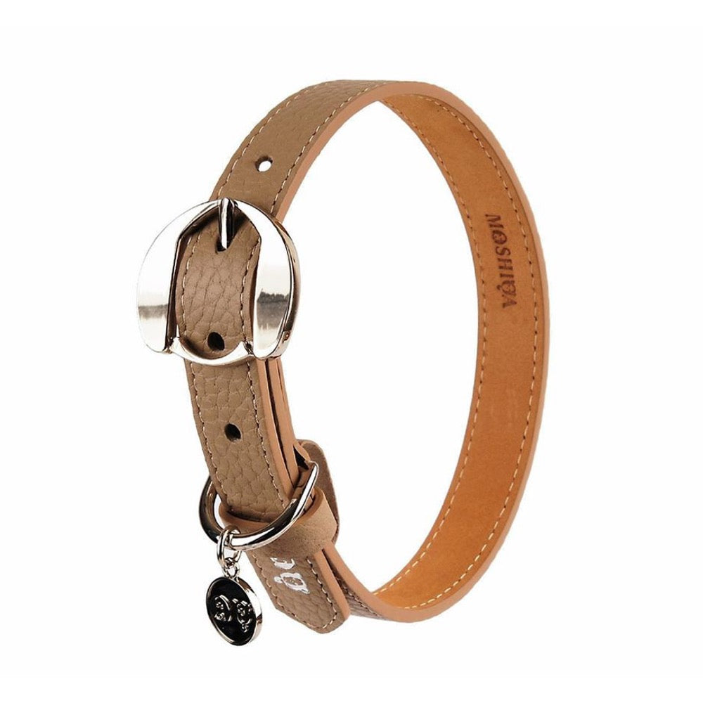 Moshiqa Hachiko Leather Dog Collar (Dark Beige) - Kohepets
