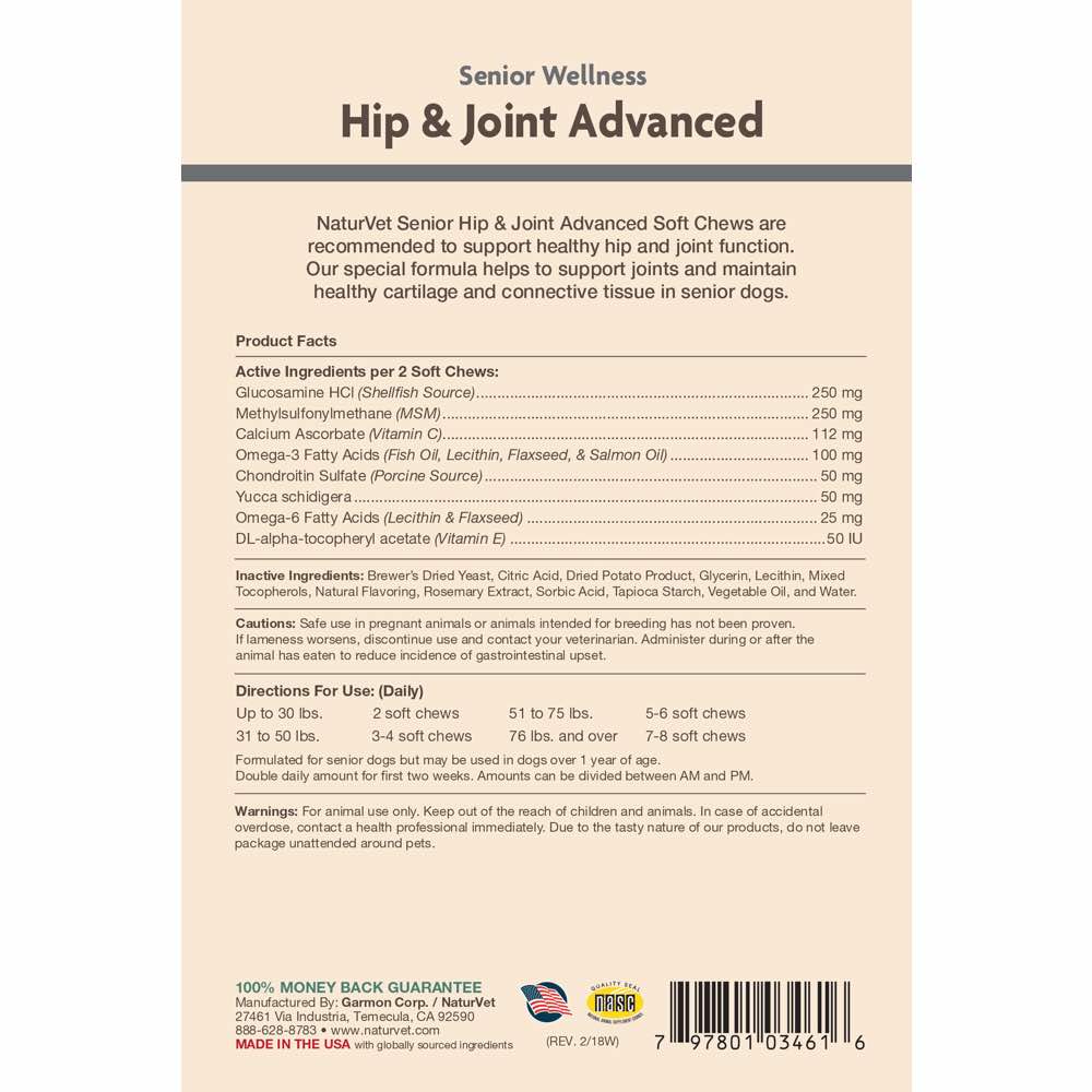 10% OFF: NaturVet Senior Wellness Hip & Joint Advanced Plus Omegas Soft Chews 120ct - Kohepets