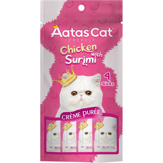 4 FOR $9.90 (Exp 26Sep24): Aatas Cat Creme Puree Chicken With Surimi Grain-Free Liquid Cat Treats 56g