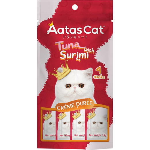 4 FOR $10 (Exp 9Sep24): Aatas Cat Creme Puree Tuna With Surimi Grain-Free Liquid Cat Treats 56g