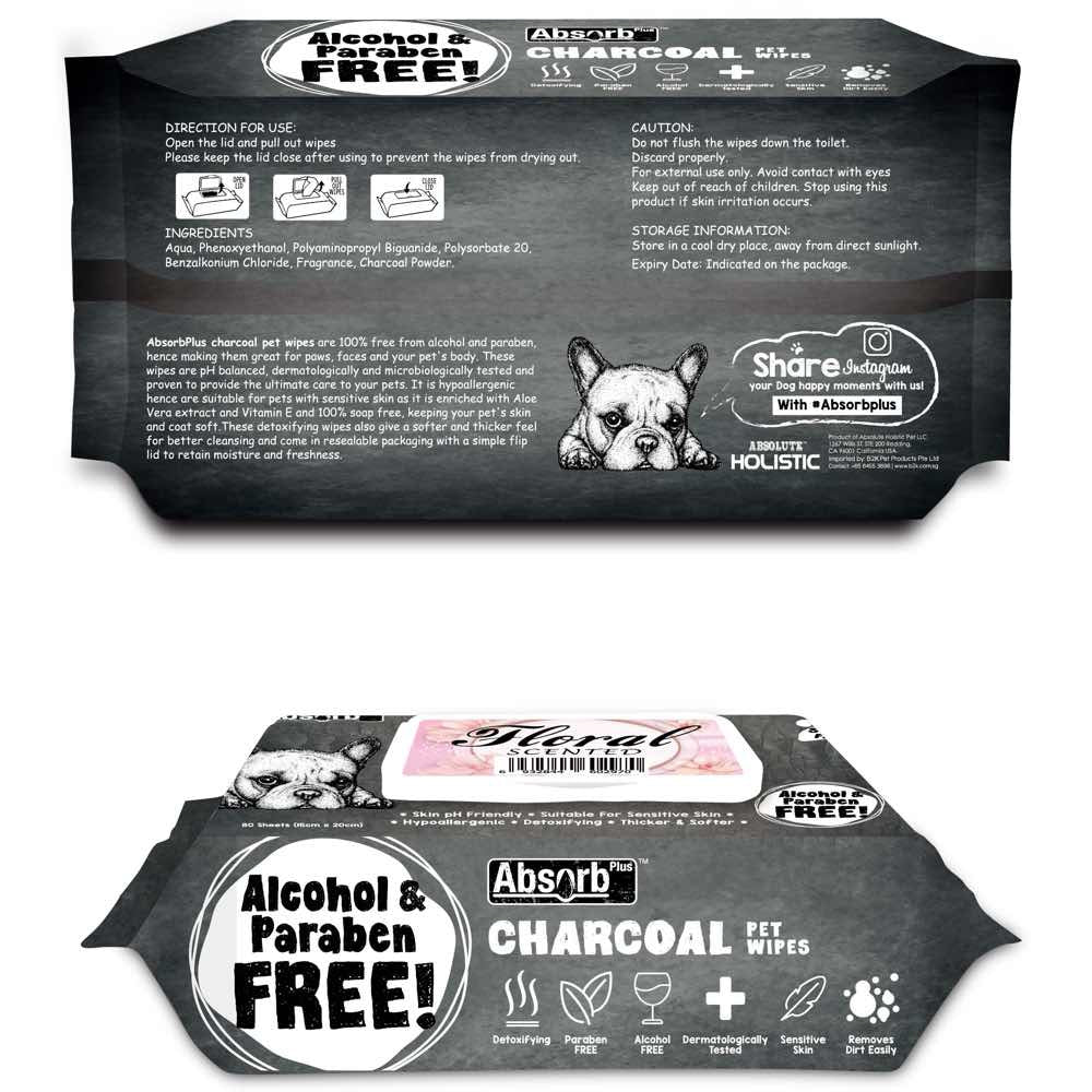 3 FOR $15: Absorb Plus Charcoal Floral Scented Pet Wipes 80ct - Kohepets