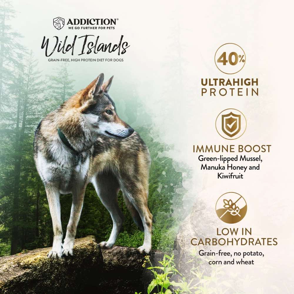 15% OFF/FREE TREATS: Addiction Wild Islands Pacific Catch Salmon, Mackerel & Hoki Grain Free Dry Dog Food