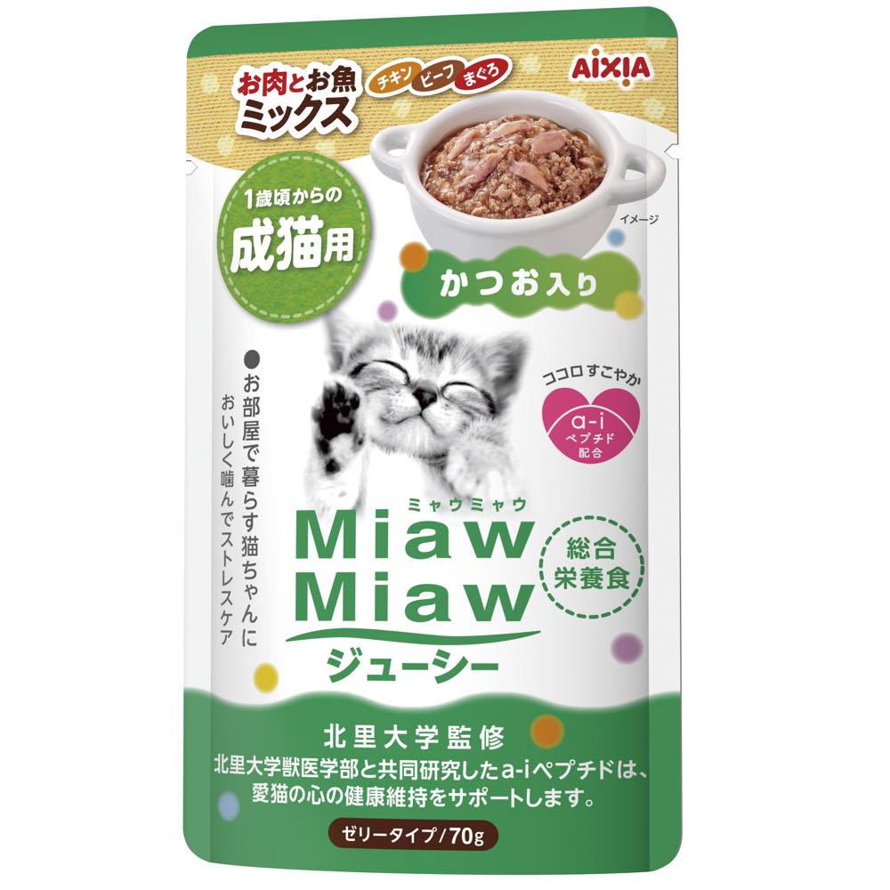 Aixia Miaw Miaw Juicy Meat & Fish Mix With Skipjack Tuna Adult Pouch Cat Food 60g x 12