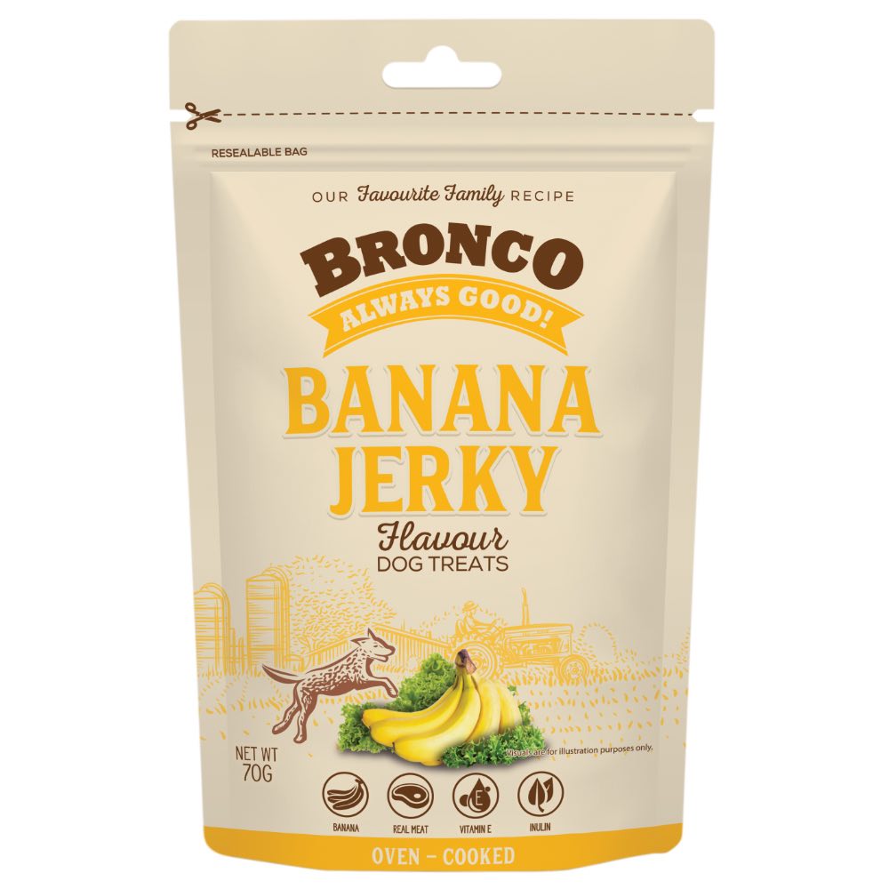 4 FOR $11.50: Bronco Jerky Banana Flavour Dog Treats 70g