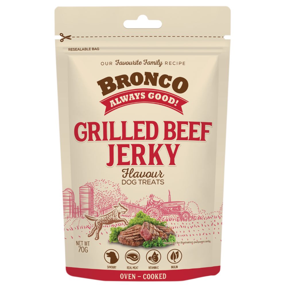 4 FOR $11.50: Bronco Jerky Grilled Beef Flavour Chicken Dog Treats 70g