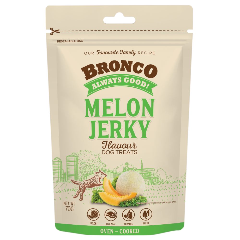 4 FOR $11.50: Bronco Jerky Melon Flavour Dog Treats 70g