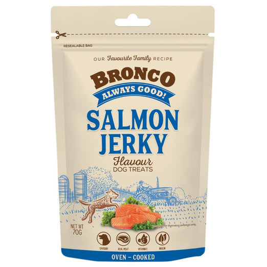 4 FOR $11: Bronco Jerky Salmon Flavour Chicken Dog Treats 70g