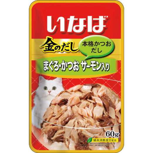 Ciao Golden Tuna In Dried Bonito Stock Jelly With Salmon Topping Pouch Cat Food 60g x12 - Kohepets