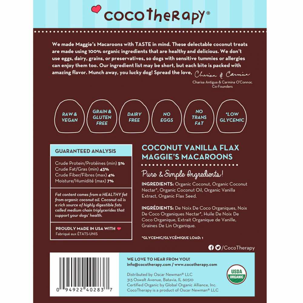 CocoTherapy Maggie’s Macaroons Coconut Vanilla Flax Grain-Free Dog Treats 4oz