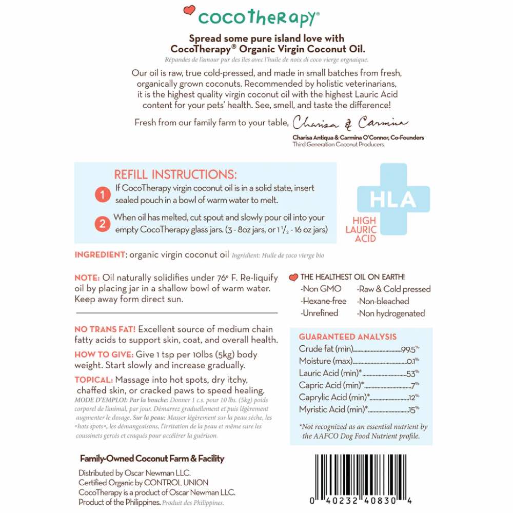 CocoTherapy Organic Virgin Coconut Oil For Cats, Dogs & Birds (Refill) 24oz