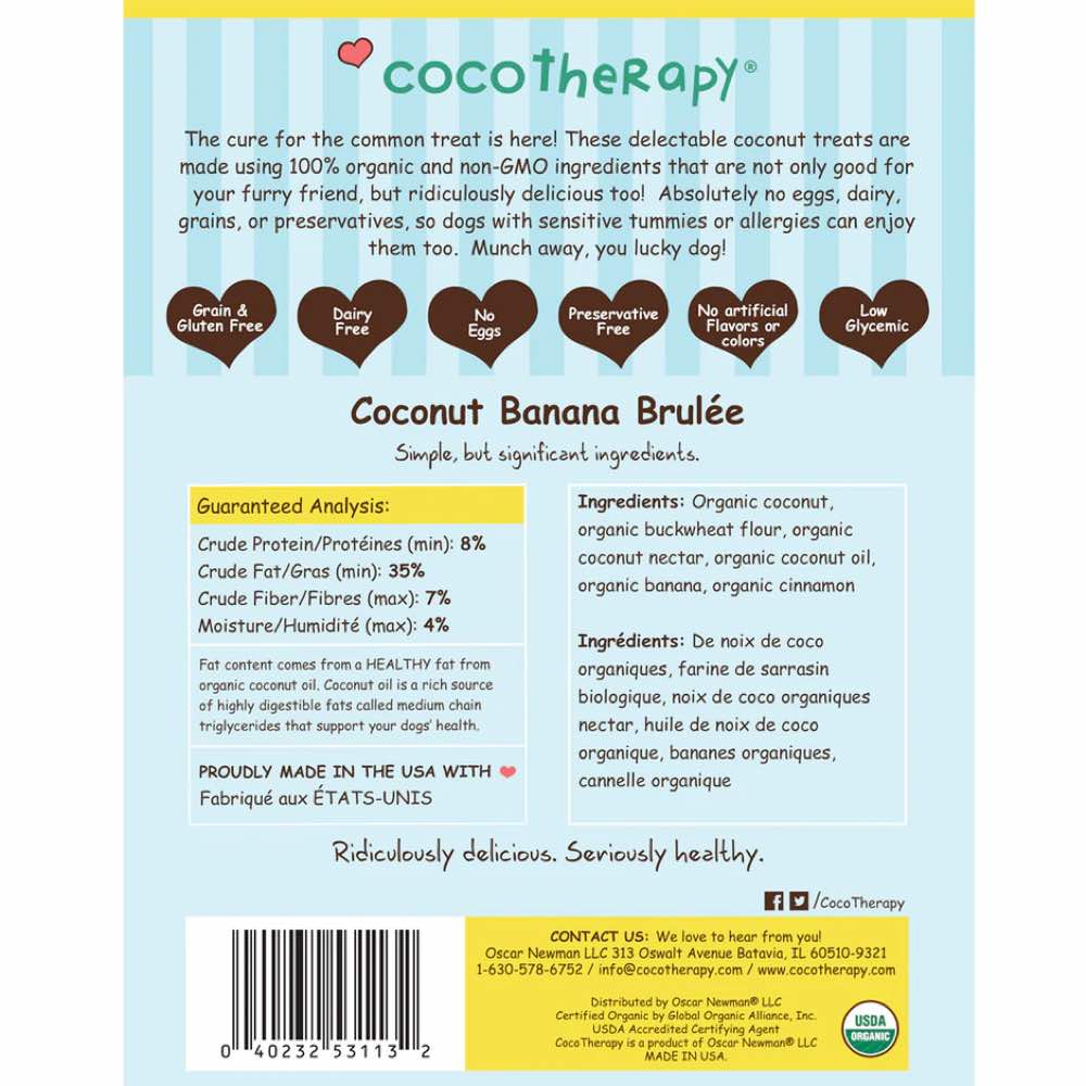 CocoTherapy Pure Hearts Organic Coconut Banana Brulee Grain-Free Dog Treats 5oz