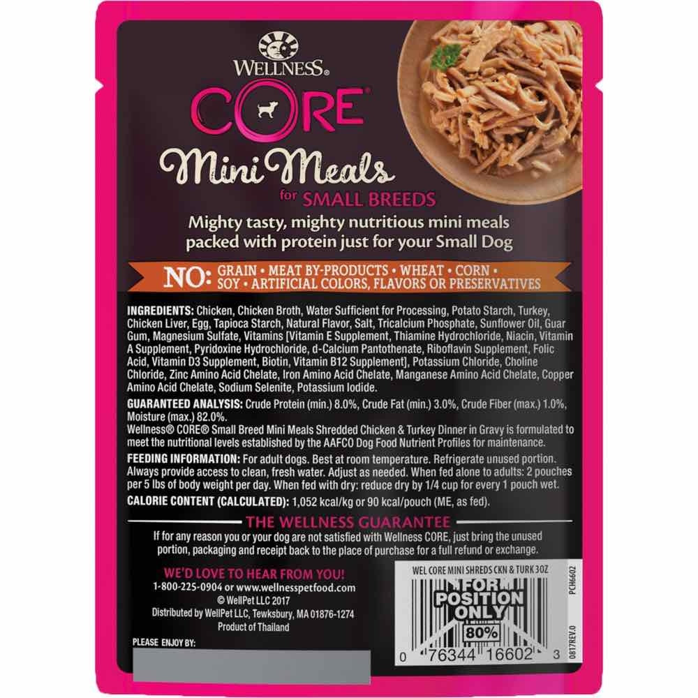 10% OFF: Wellness CORE Mini Meals Shredded Chicken & Turkey Dinner In Gravy Pouch Dog Food 3oz - Kohepets
