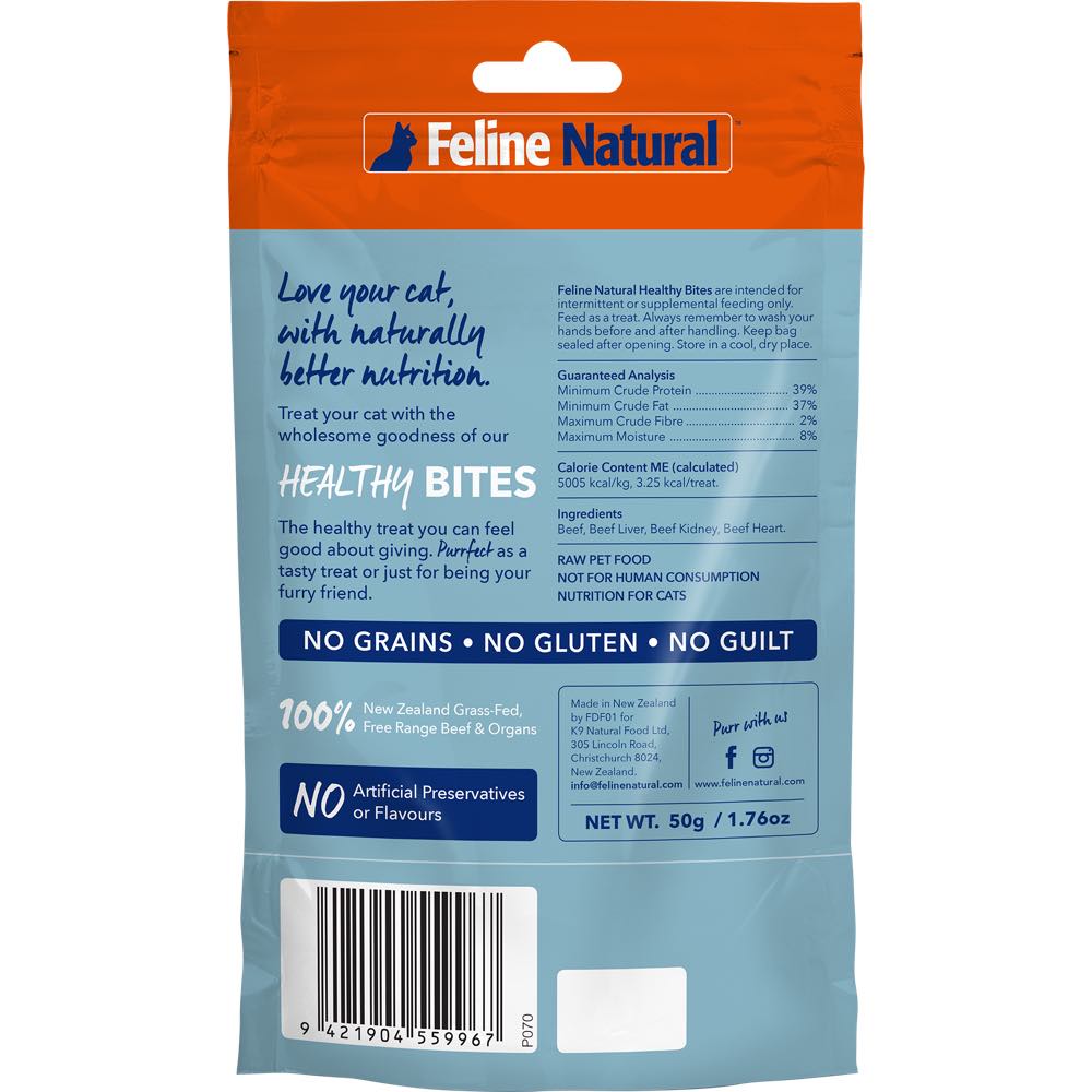 Feline Natural Healthy Bites Beef Freeze-Dried Cat Treats 50g (Exp 7 Feb 21) - Kohepets