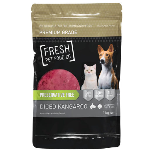 Fresh Pet Food Co Raw Premium Diced Kangaroo Frozen Cat & Dog Food 1kg - Kohepets