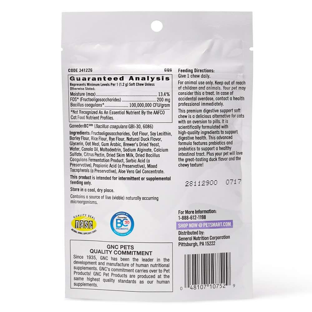 GNC Pets Ultra Mega Digestive Support Duck-Flavour Soft Chews Cat Supplement 30ct - Kohepets