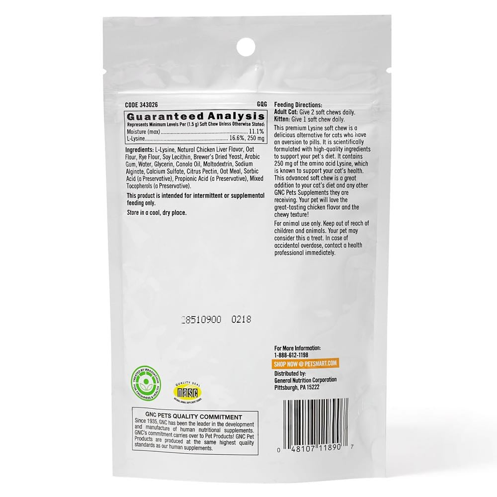 GNC Pets Ultra Mega Lysine Chicken-Flavour Soft Chews Cat Supplement 60ct - Kohepets