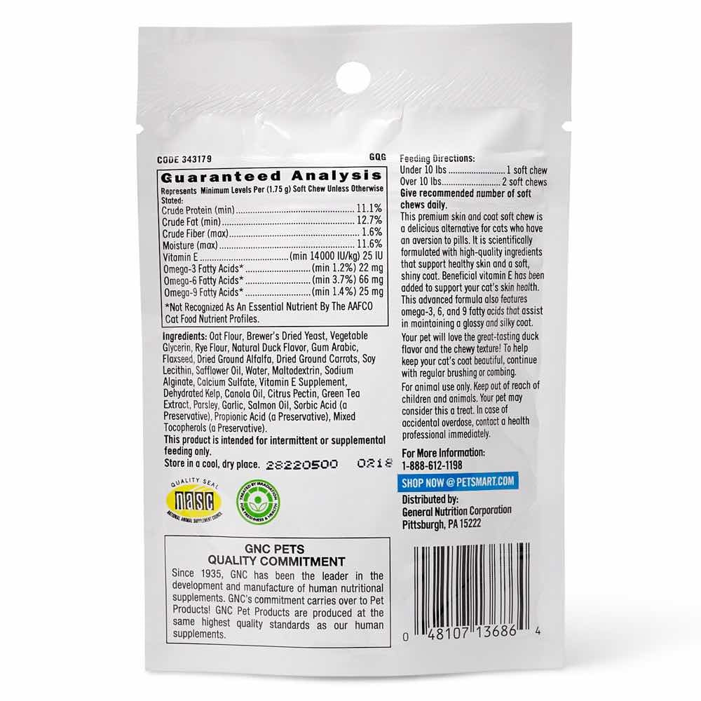 GNC Pets Ultra Mega Skin & Coat Essentials Duck-Flavour Soft Chews Cat Supplement 30ct - Kohepets