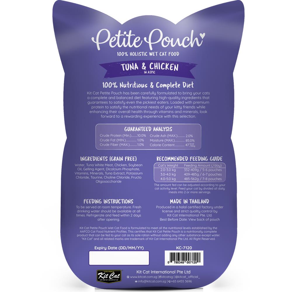 30% OFF: Kit Cat Petite Pouch Tuna & Chicken In Aspic Grain-Free Pouch Cat Food 70g x 12