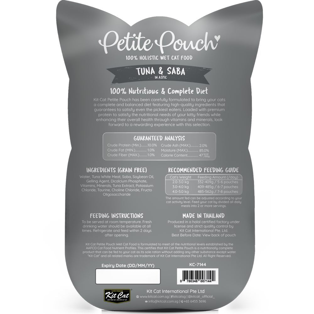 30% OFF: Kit Cat Petite Pouch Tuna & Saba In Aspic Grain-Free Pouch Cat Food 70g x 12 - Kohepets