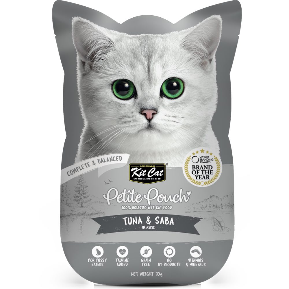 30% OFF: Kit Cat Petite Pouch Tuna & Saba In Aspic Grain-Free Pouch Cat Food 70g x 12 - Kohepets